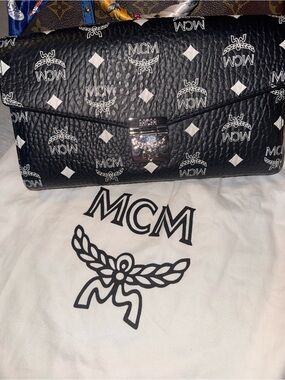 MCM Black Visetos Envelope Clutch with White Logo Print